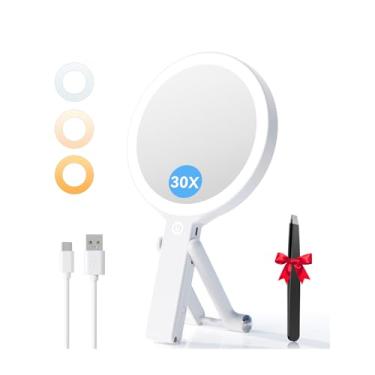 Imagem de Auxmir Espelho de maquiagem de viagem com luzes, espelho de ampliação dupla face 30X/1X, espelho de mão iluminado recarregável com iluminação de 3 cores e brilho ajustável para mesa, portátil