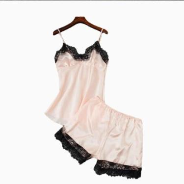 Imagem de Conjunto De Pijama Sexy De Cetim Para Mulheres Com Decote Em V, Laço D