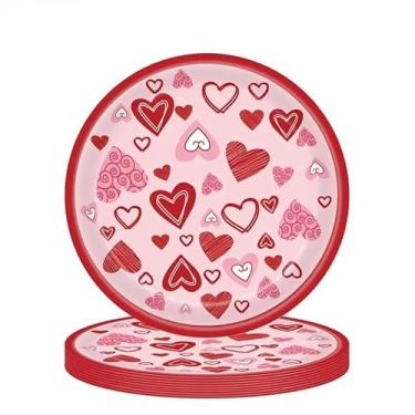 Imagem de Photken 48 peças de pratos de papel para o dia dos namorados – pratos de sobremesa descartáveis redondos com coração vermelho e rosa de 17,8 cm para festas dos namorados, casamentos, aniversários e