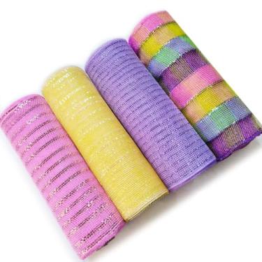 Imagem de 25,4 cm x 9,1 m (10 jardas) - Fita de malha de poliéster metálica YYCRAFT para decoração de dia de Páscoa/artesanato de grinalda (pacote com 4, estilo 18)