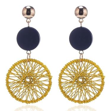 Imagem de Brinco longo geométrico boho para mulheres, vintage, de madeira, com trama de palha de vime, Medium, Metal, Sem pedra preciosa