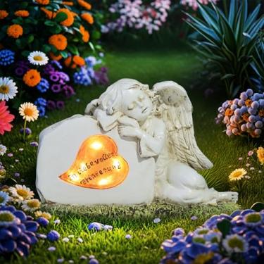 Imagem de AVEKI Estátua de anjo solar para jardim e cemitério, estatuetas de anjo de resina com lanternas solares impermeáveis ao ar livre, esculturas de anjo para jardim, gramado, pátio, varanda, varanda