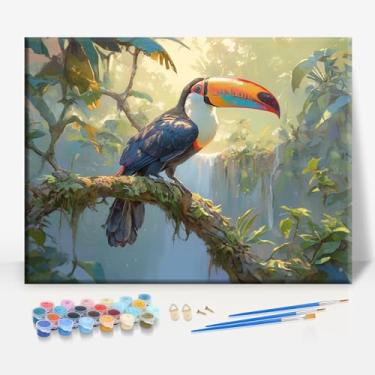 Imagem de HUINORYA Amazon Rainforest Waterfall Toucan Tropical Bird Framed Canvas DIY Paint by Numbers Kit Bar Cafe Cave Home Room Wall Bathroom Varanda Pátio Decoração Presente, 40,6 x 30,5 cm