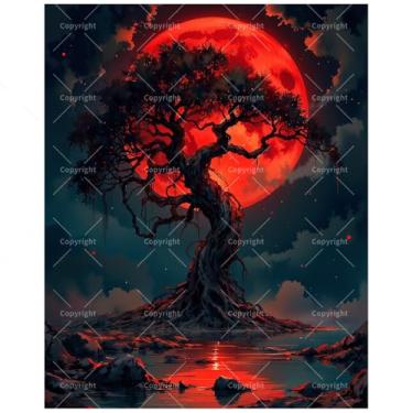 Imagem de TAOPAOLAB Kit de pintura de arte de fantasia por números para adultos - Árvore torcida DIY com pintura de lua de sangue em tela 40,6 x 50,8 cm, conjunto de tinta acrílica, adequado para iniciantes
