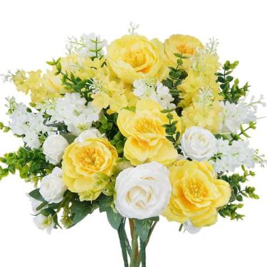Imagem de Buquês de flores artificiais HUAESIN Silk Rose Peony Yellow