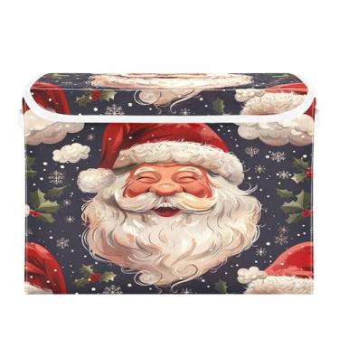 Imagem de SEHANY Linda caixa de armazenamento de Papai Noel de Natal com tampas e alças, organizador de cestas de armazenamento de tecido dobrável, caixas de armazenamento de cubos grandes para roupas, cobertor