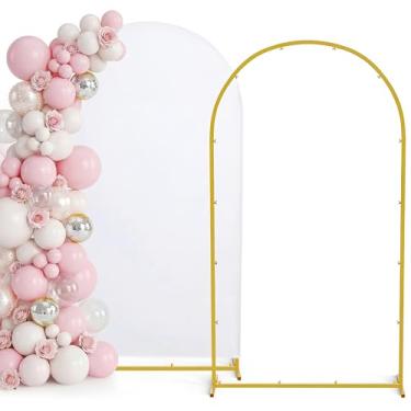 Imagem de Conjunto de suporte e capa de fundo de arco de metal de 2 m, suporte de arco de fundo de casamento dourado com capa, suporte de arco de balão com capa de arco branco para festa de aniversário, chá de