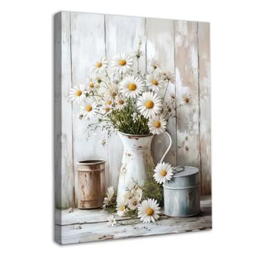 Imagem de Dazzlewall Arte de parede de margarida rústica vintage emoldurada, impressão botânica para casa de banho, sala de estar, 30,5 x 40,64 cm