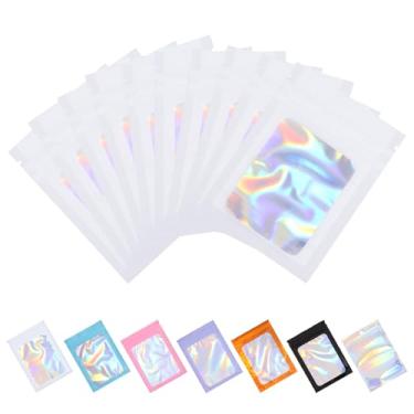 Imagem de Tiparts 100 sacos holográficos Mylar, sacos brancos resseláveis de 7 x 9,9 cm, com janela frontal transparente para armazenamento de alimentos, joias, doces, embalagens para pequenas empresas