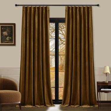 Imagem de AUSSPVOCT Conjunto de cortinas plissadas de veludo 228,6 cm de comprimento com 2 painéis, cortinas blecaute macio marrom dourado com ganchos, painéis de janela com aba traseira com isolamento térmico