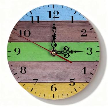 Imagem de Relógio de parede de madeira listrado azul e verde - Shiplap envelhecido silencioso sem tique-taque decoração de casa de fazenda para cozinha sala de estar - 19 cm