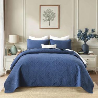 Imagem de AJOCCI Conjunto de edredom queen de algodão azul marinho, conjunto de edredom geométrico, colcha de algodão macio, cor sólida, leve, para todas as estações, 3 peças