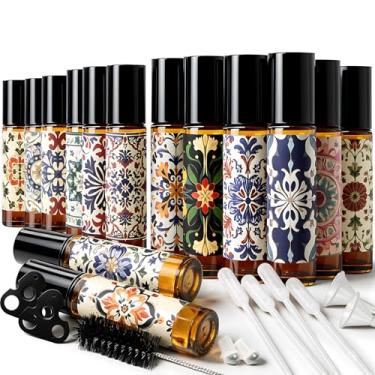 Imagem de RICESTKCN Frascos de rolo para óleos essenciais, aplicador de esferas rollerball de 10 ml, vidro grosso, vazio com óleo, perfume, brilho labial, kits faça você mesmo, adesivos boho à prova de