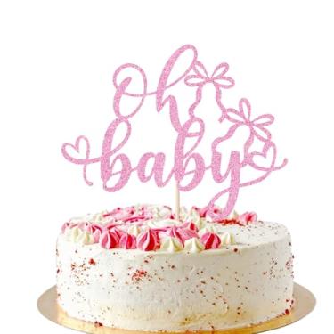 Imagem de AROKIPPRY Topo de bolo rosa Oh Baby, decoração de bolo de festa com nó de laço de bebê, para chá de bebê/festa de revelação de gênero/adereços de cabine de fotos
