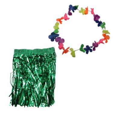 Imagem de Kit Fantasia de Carnaval Colar Saia Havaiana 60x40Cm Verde