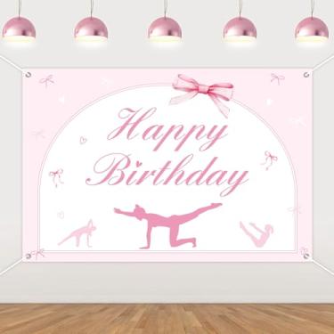 Imagem de JOYMEMO Pano de fundo de feliz aniversário de 1,5 x 0,9 m de pilates e laço rosa - decoração de aniversário com tema de pilates rosa para meninas e mulheres, material de festa com tema de fitness