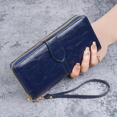 Imagem de Carteira feminina estilo longo moda carteira com zíper grande capacidade para cartão de crédito bolsas de mão bolsas clutch presente, Azul