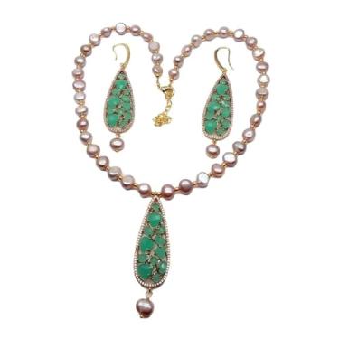 Imagem de DWBPGVUN Conjunto de brincos e colar com pingente verde de pérolas de água doce e batata roxa cultivada