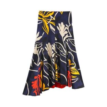 Imagem de Saia Midi Feminina Com Barra Assimétrica Estampada Casual Elegante Par