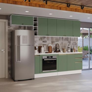 Imagem de Armário de Cozinha Completa 3 Gavetas 100% MDF 300cm Branco/Verde Celeste Kappesberg