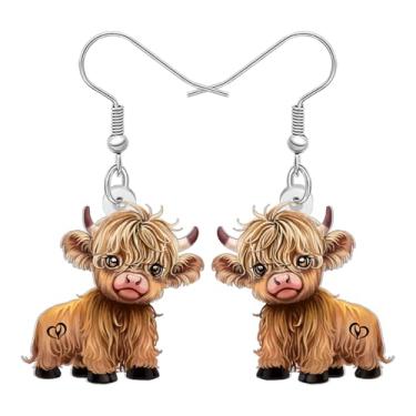 Imagem de BONSNY Brincos de vaca de acrílico Highland com pingente de presente, design de animal fofo de desenho animado, joias de animais de fazenda para mulheres, novidade divertida, pingentes hipoalergênicos