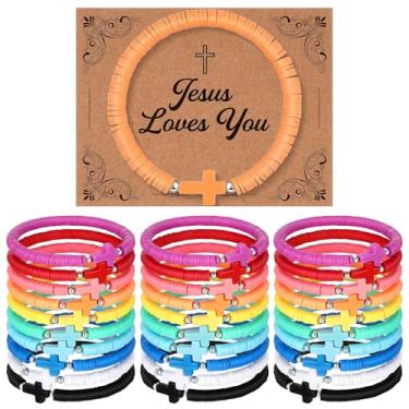 Imagem de Landical 30 Set Cross Bracelets Bulk Jesus Christian Bracelets with Blessing Card Handmade Elastic Colorful Polymer Clay Beaded Religious Christian Wristbands for Women Kids Easter Hunt Gift(Rainbow)