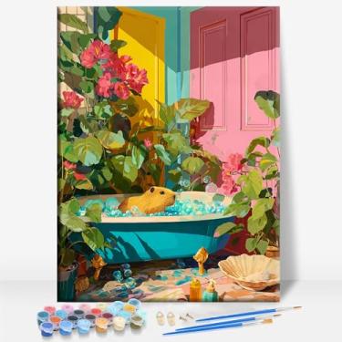 Imagem de HUINORYA Capivara na Banheira Capivara Tela Emoldurada DIY Kit de Pintura por Números Bar Café Caverna Casa Parede Banheiro Varanda Pátio Decoração Presente, 40,6 x 30,5 cm