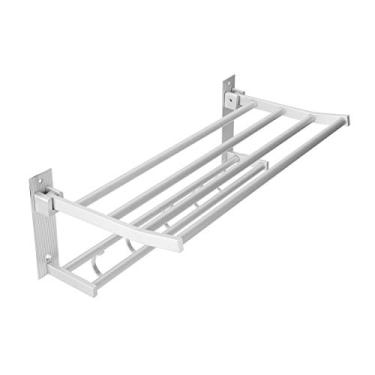 Imagem de Prateleira de Banheiro Alumínio Plegável com 5 Ganchos Rack Toalhas e Cobertos para Organizador Armazenamento Produtos Higiene Suspensão Instalação Fá