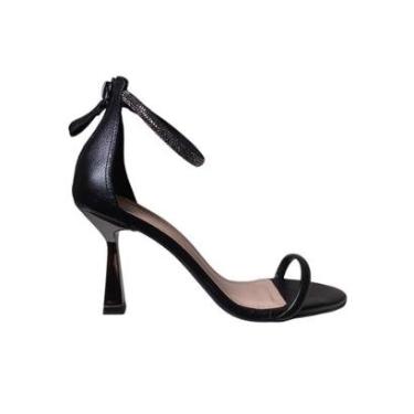 Imagem de Sandália Salto Alto Fino Social Preta em Couro Tira Strass-Feminino