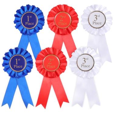 Imagem de 6 pçs fitas roseta prêmio 1º 2º 3º lugar fitas participação honrosa medalhas de crachá para sala de aula prêmio ciência feira show de talentos (azul, vermelho, branco)