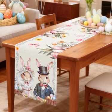 Imagem de Caminho de mesa de Páscoa, corredor de mesa com padrão de ovo de buquê de casal de coelhos, decoração de casa de fazenda rústica suprimentos de cozinha para ambientes internos e externos, jantar