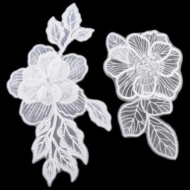 Imagem de FINGERINSPIRE 2 peças de apliques de costura feitos à mão, 2 estilos, contas de costura brancas, remendos de renda, bordados, colar de renda, bordado com contas, acessório para vestidos de casamento