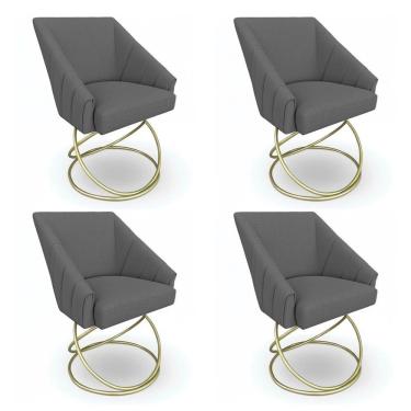 Imagem de Kit 4 Poltronas Luxo Alana Linho Grafite Base Luxo Dourado - Pallazio