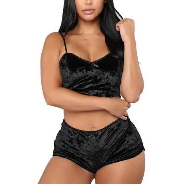 Imagem de Conjunto De Pijama De Veludo Feminino Sexy Com Alças E Decote Em V Sem