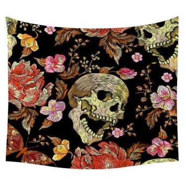 Imagem de Tapeçaria de Halloween Skeleton Flowers Wall 150x150cm em microtecido 