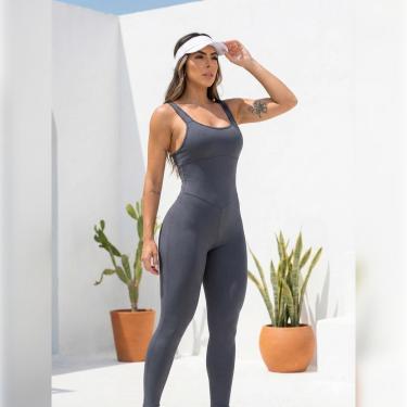 Imagem de Macacão Fitness Longo Malha Fria Alta Compressão Decote Quadrado Aberto Costas Alças Elásticas UV50+-Feminino