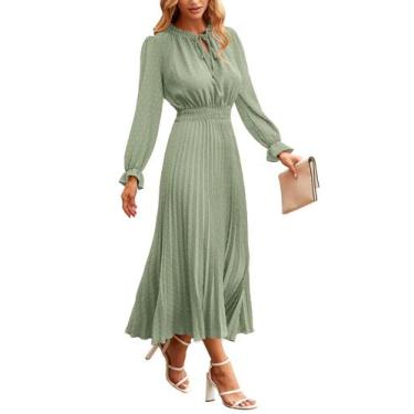 Imagem de Vestido PRETTYGARDEN Midi Plissado com Pom Pom, Decote V, Verde Claro,