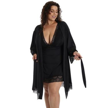 Imagem de Kit Camisola Plus Size Feminino + Robe Roupão de Banho Luxo com Renda 