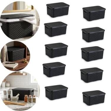 Imagem de Kit 10 Caixa Organizadora Rattan Grande 16 Litros Com Tampa Preto - Ni