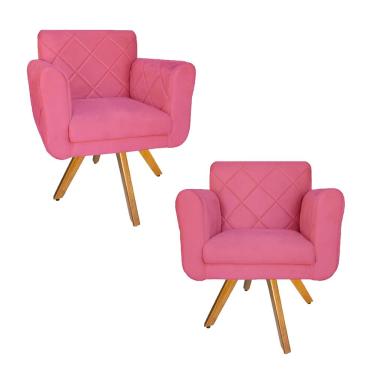 Imagem de Combo 2 Poltrona Estofada Base Giratória De Madeira Clínica Isabella Suede Rosa Barbie...