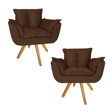 Imagem de Kit 2 Poltrona Decorativa Base Giratória De Madeira Quarto Opala Suede Marrom - LM DECOR