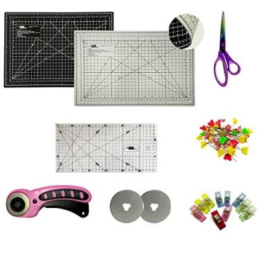 Imagem de Base de Corte 30x45 Cinza e Preta Régua 15x30 Cortador 45mm 2 Laminas Tesoura Titânio Alfinete Clips (Cortador Rosa)