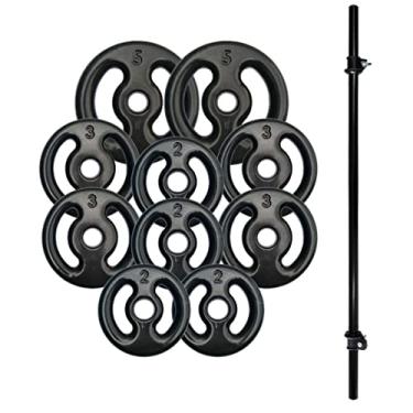 Imagem de Kit Anilhas Emborrachadas (Preta) 30Kg + Barra 130cm + Bloqueadoras