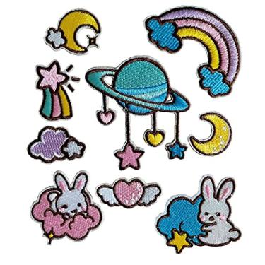 Imagem de Minason, 9 peças desenho animado arco-íris estrelas lua nuvem coelho emblema ferro no patch bordado costurar em remendos para diy menina saia vestido bolsa infantil camiseta artesanato roupas, HxW: 8,3 cm x 7,1 cm