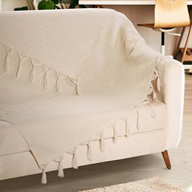 Imagem de Manta Para Sofá Grande 2,20m Bege Com Franjas Decoração Sala