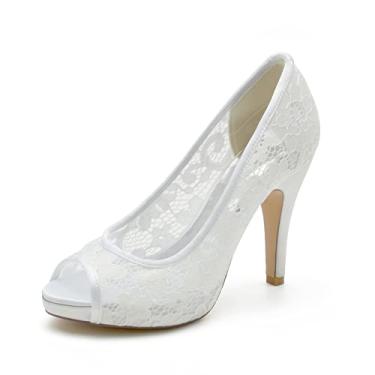 Imagem de Sapatos de noiva sapatos femininos de renda salto alto marfim stiletto peep toe sapatos sociais 36-42,White,5 UK/38 EU