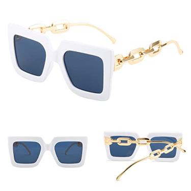 Imagem de Óculos de sol femininos masculinos vintage quadrados de simplicidade clássica com corrente de metal design de pernas grandes óculos de sol com listras verdes tons, branco preto, tamanho único