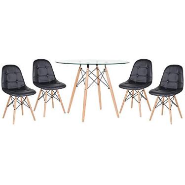 Imagem de Loft7, Kit - Mesa Eames 100 cm - Vidro + 4 cadeiras Eames Botonê - Preto