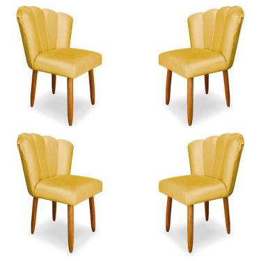 Imagem de Kit 4 Cadeiras De Jantar Pétala Estofada Pés Palito Veludo Amarelo - M