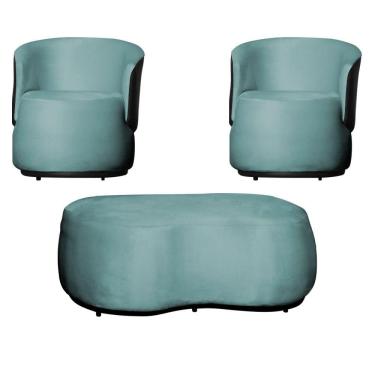 Imagem de Kit 2 Poltronas e 1 Puff Grande Estilo Orgânico Beatriz Veludo Composê Corino Preto - Estopar